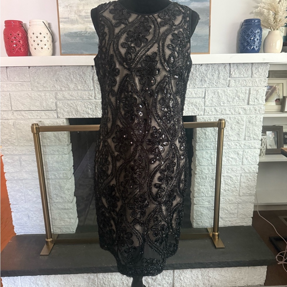 Taylor Black and Cream Embellished Midi Dress